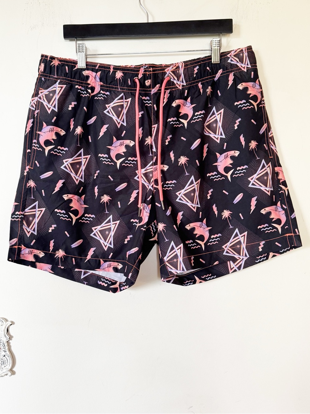 Party Sharks Neon 80s Shark Retro Surf Swim Trunks XL - Picture 1 of 7